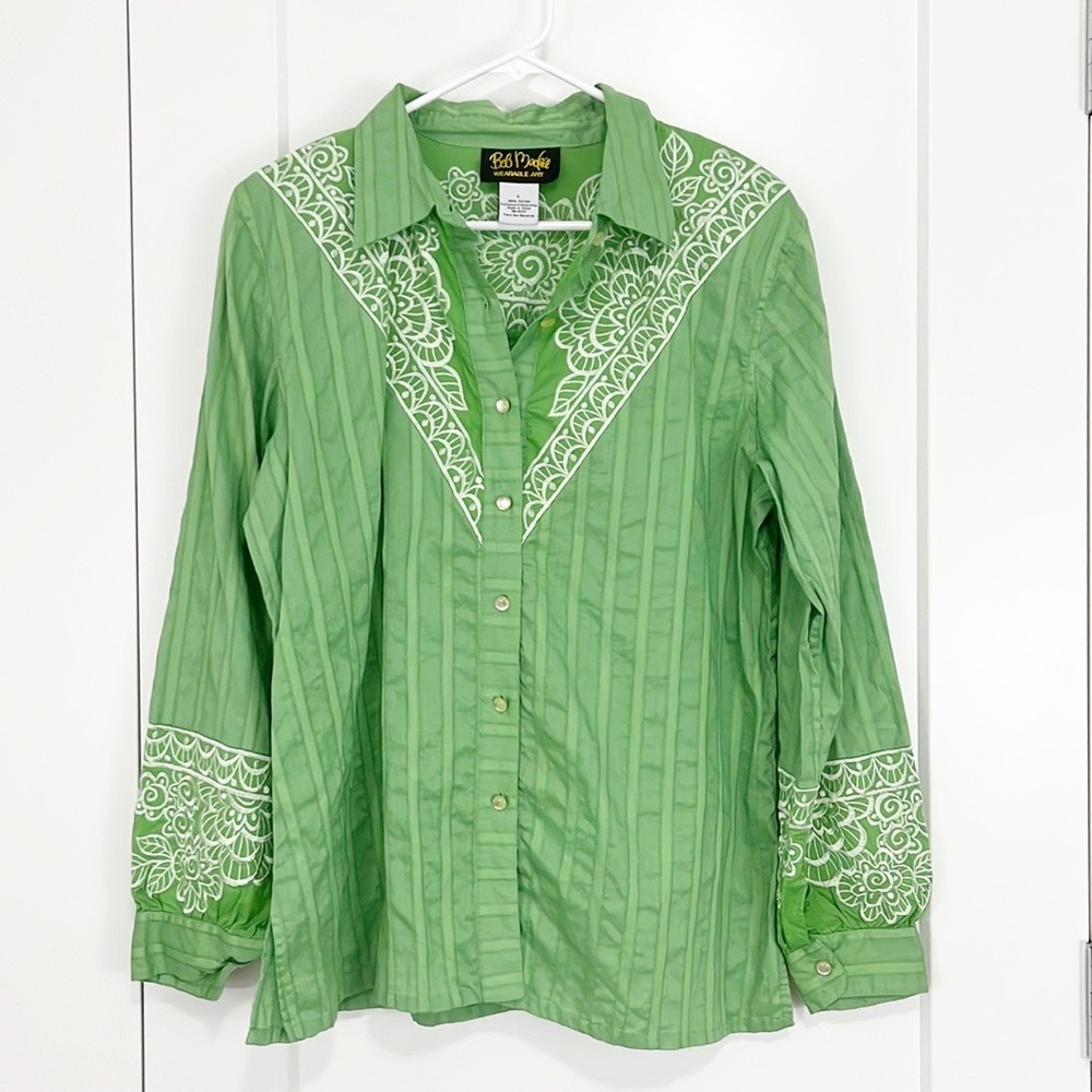 Vintage Bob Mackie Size L Green Embroidered Button Down Long Sleeve Top